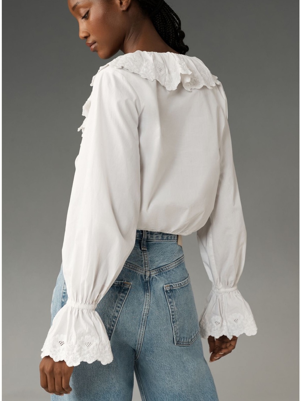 White Eyelet Ruffle V-Neck Drawstring Blouse - Picture 2 of 4